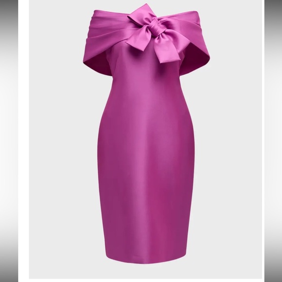 Badgley Mischka Dresses & Skirts - Badgley Mischka Off the Shoulder Bow Front Orchid Midi Dress Women’s 2
